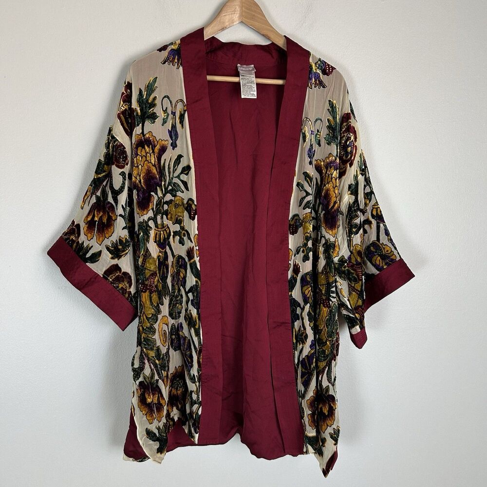Chicos Velvet XL BurnOut Satin Lined Kimono Jacket Silk Cardigan Red Floral